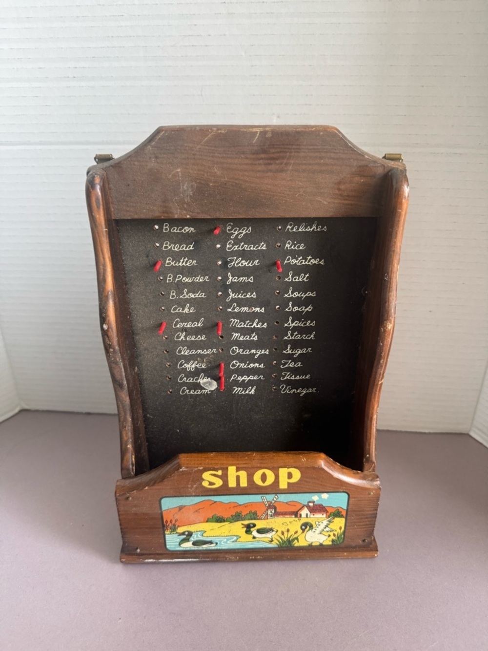 Vintage Wooden Pegboard Shopping List Organizer in Brown